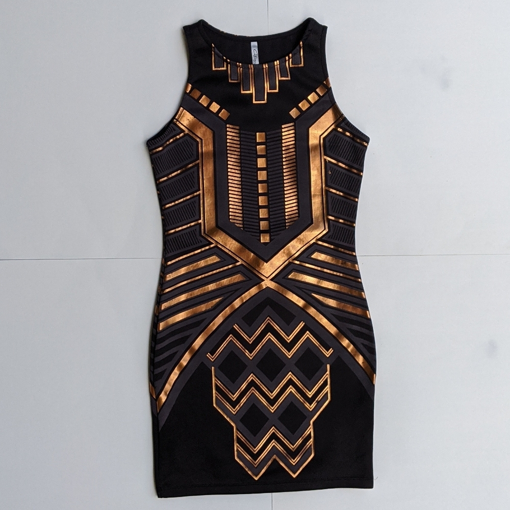 Futuristic Dress w/ Metallic Gold Geometric Design